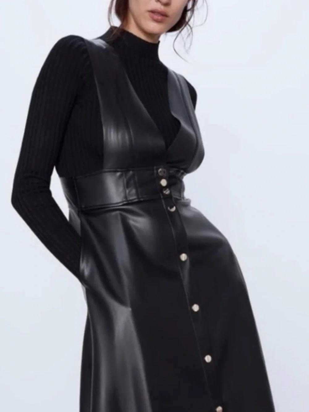 Zara Black Faux Leather Button-Front Midi Dress skirt